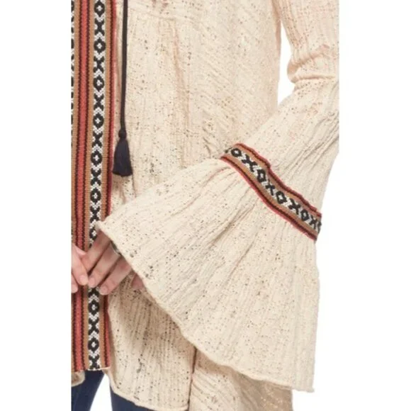 Free People Beige Crochet Cold Shoulder Bell Slv Asymmetrical Tunic Mini Dress - Picture 12 of 16